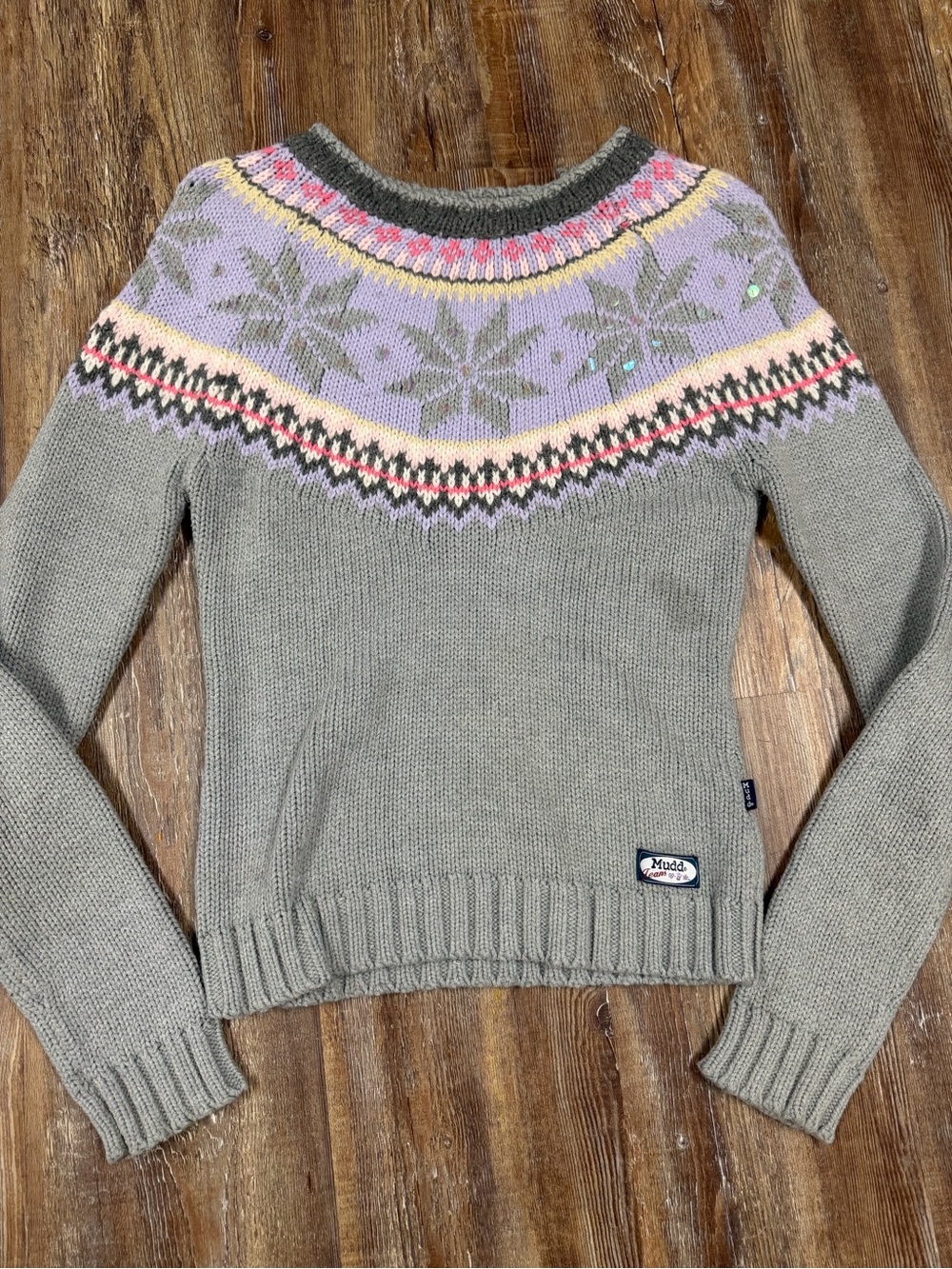 Vintage 90s Mudd Jeans gray sweater with purple, pink, and black geometric patte